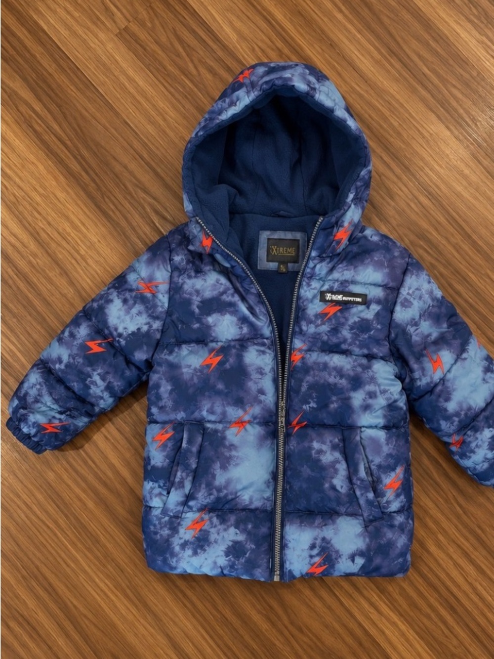 Xtreme Kids Navy Blue Lightning-Print Hooded Puffer Jacket